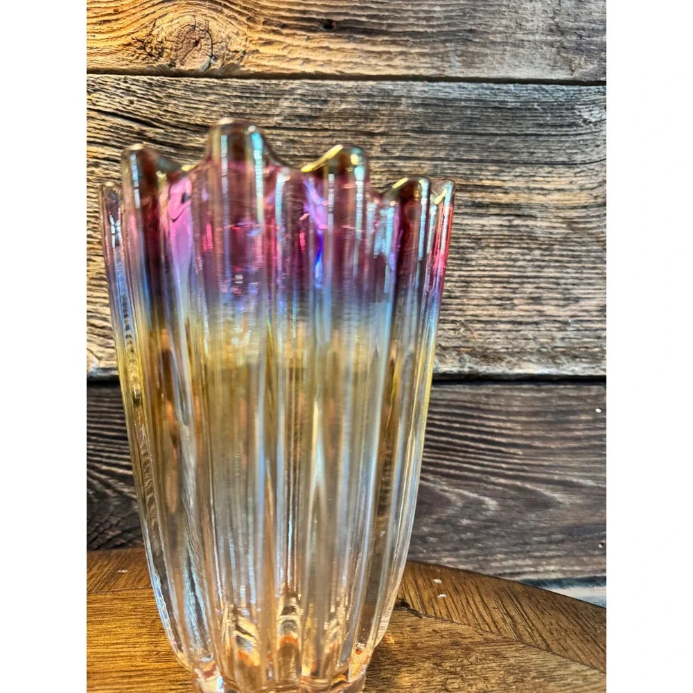 Federal glass Vintage Cranberry Amber Ombre Art Glass Vase‎ Ribbed Ruffle Rim